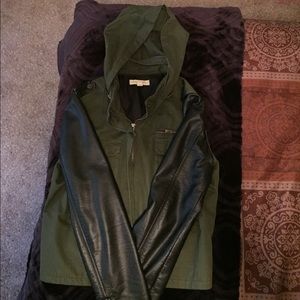 Olive cargo jacket with faux leather sleeves